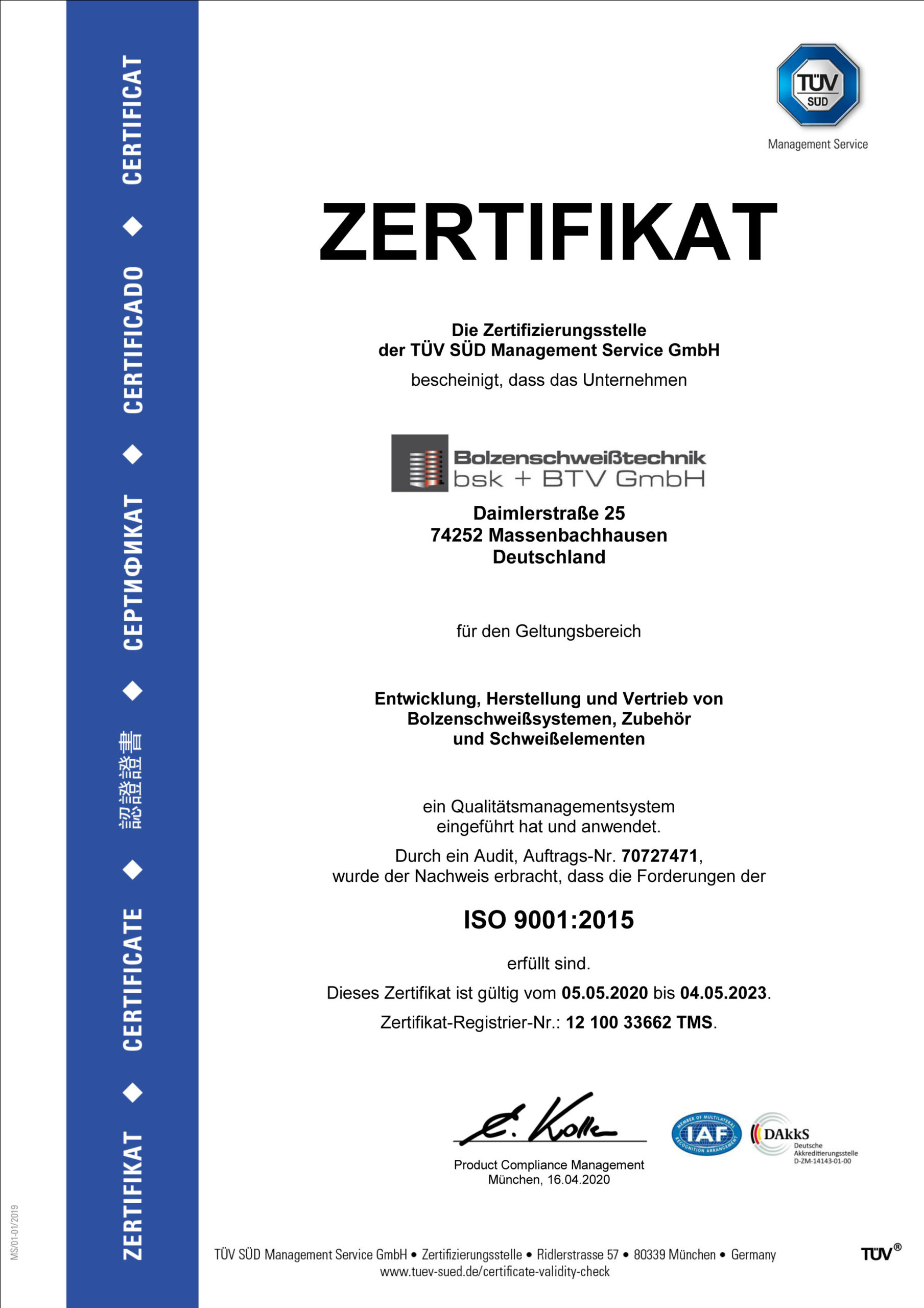 Historical TÜV SÜD certificate valid from 05.05.2020 to 04.05.2023