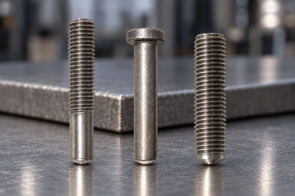 Hubzündungs-Schweißelemente: Teilgewindebolzen PD/PF, Kopfbolzen SD und Gewindebolzen FD auf einer Metallfläche.