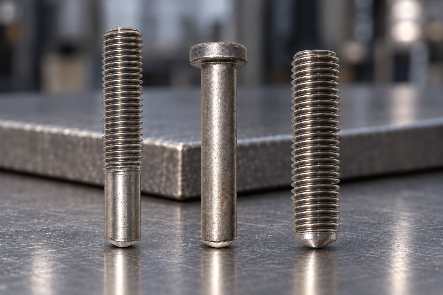 Drawn arc welding elements: PD/PF partially threaded studs, SD headed studs and FD threaded studs on a metal surface.