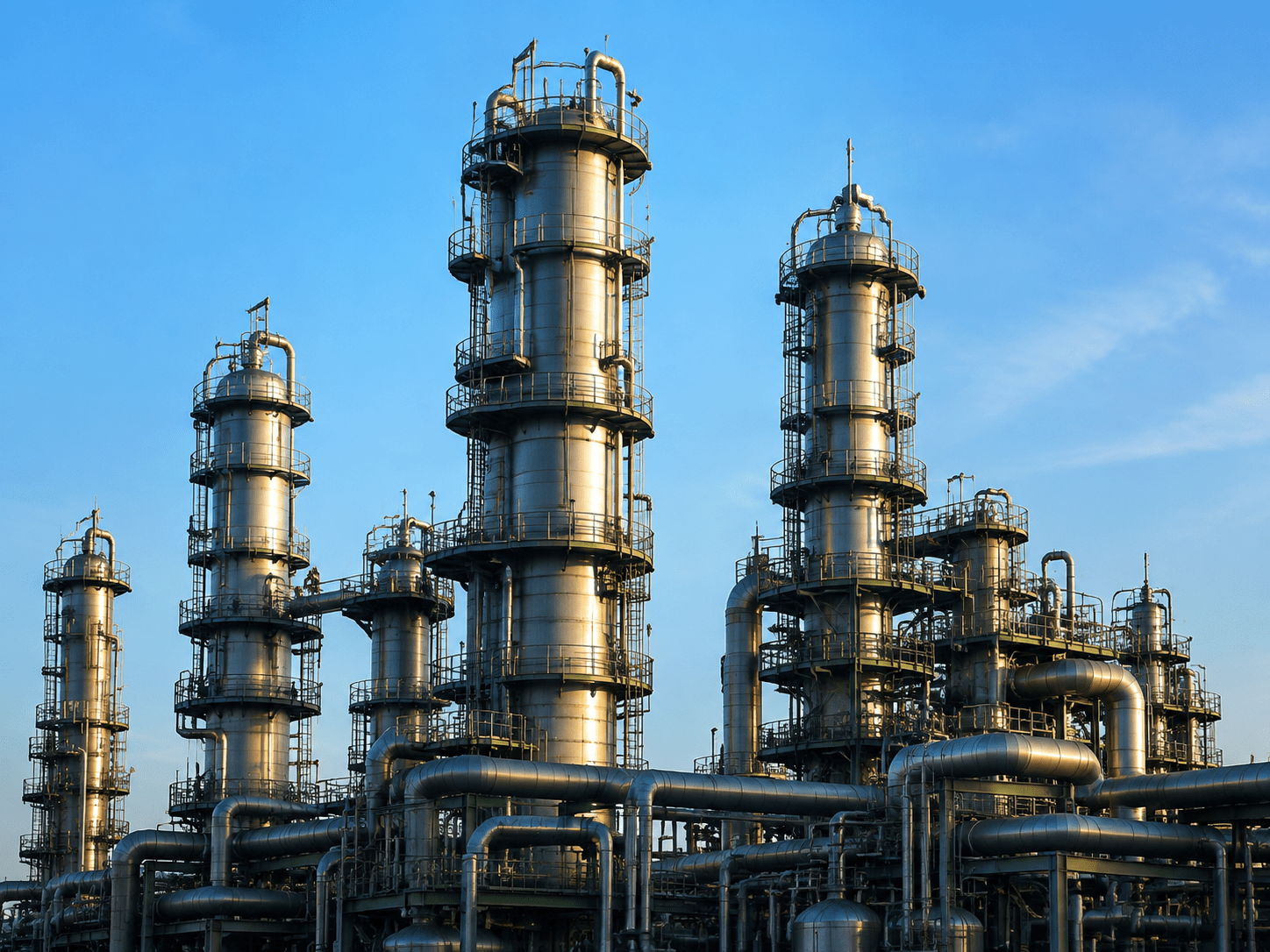 Industrielle Prozessanlage mit hohen Kolonnen und Rohrleitungen