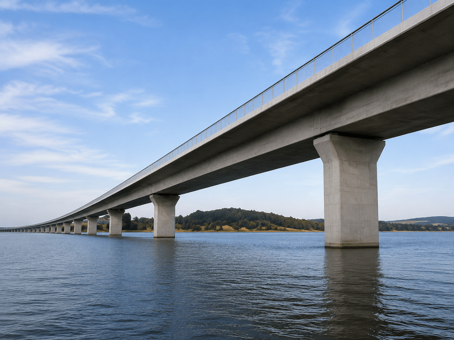 Lange Betonbrücke auf Pfeilern über einem Gewässer