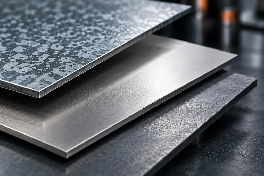 Unbeschichtete Stahlbleche und gebürsteter Edelstahl auf einer Metallfläche.