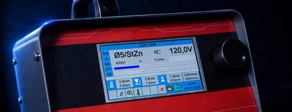 Schräge Nahaufnahme des CDP-133M-Displays mit digitaler Wegmessung und Drehregler
