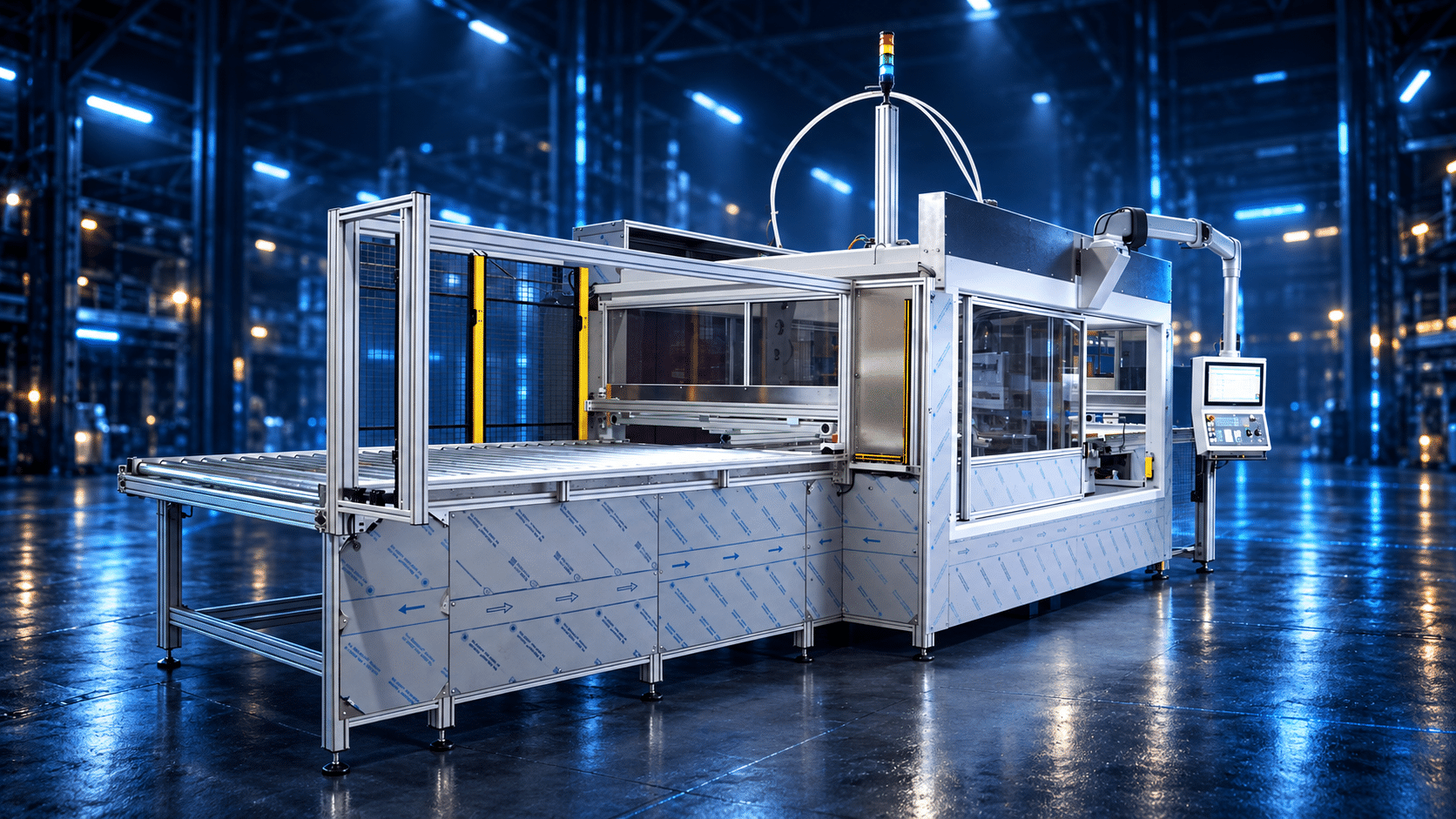 Sonder-CNC-Bolzenschweißanlage vor dunklem Industriehintergrund