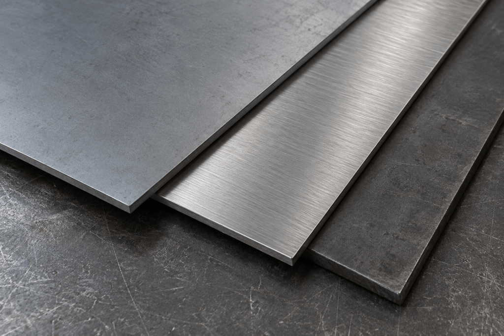 Unbeschichtete Stahlbleche und gebürsteter Edelstahl auf einer Metallfläche.