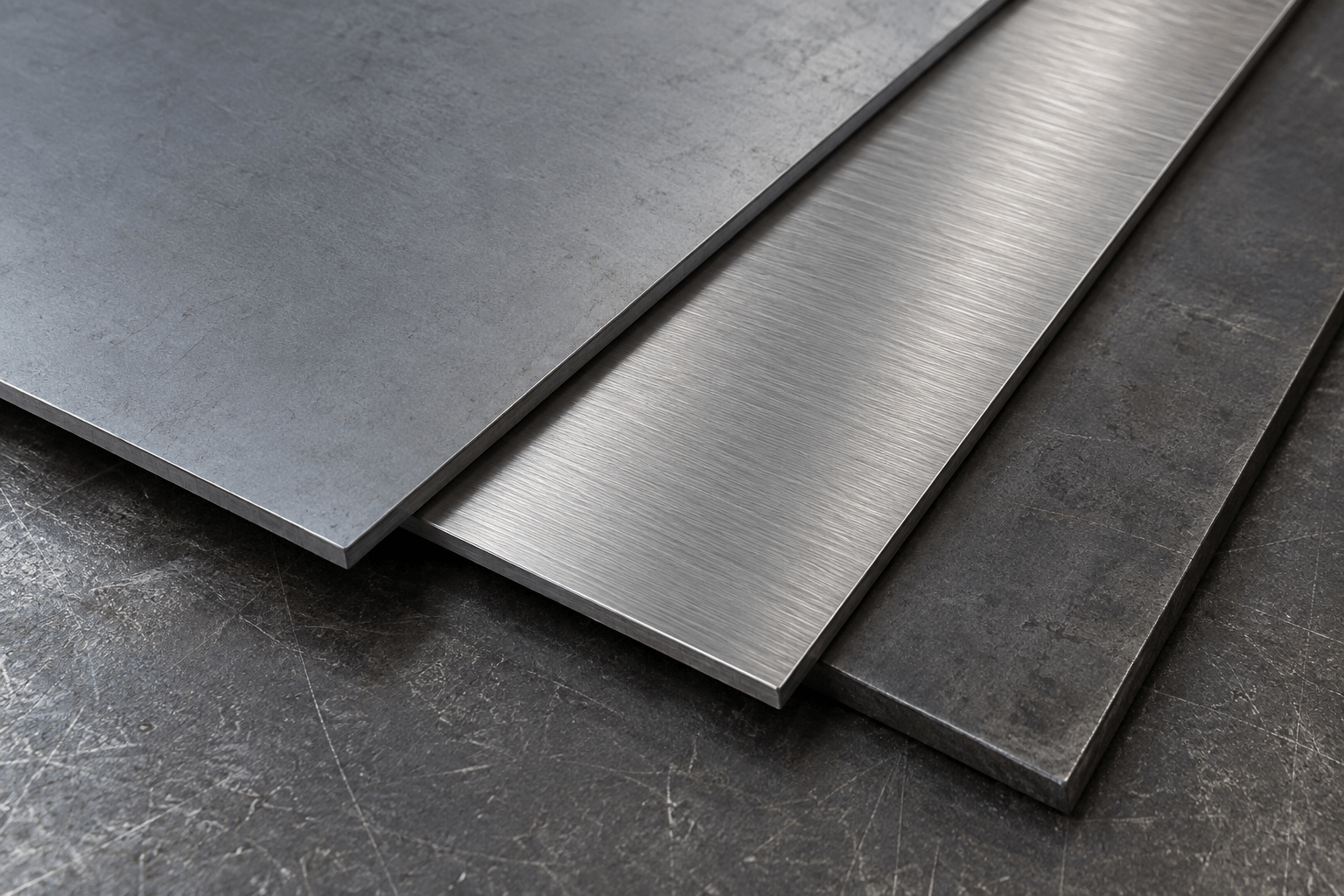 Unbeschichtete Stahlbleche und gebürsteter Edelstahl auf einer Metallfläche.