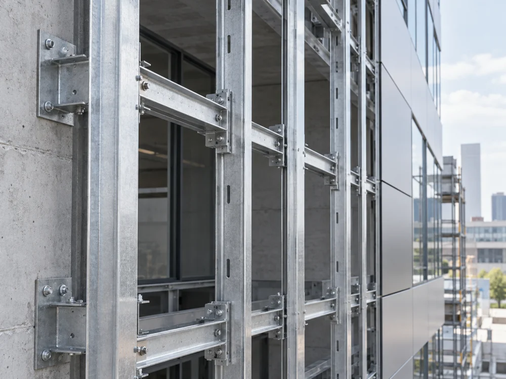 Illustratives Branchenmotiv: Metallfassade mit Unterkonstruktion