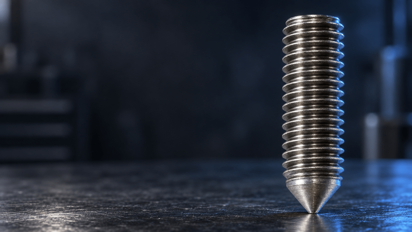 FD stud with continuous external thread and conical tip against a dark industrial background