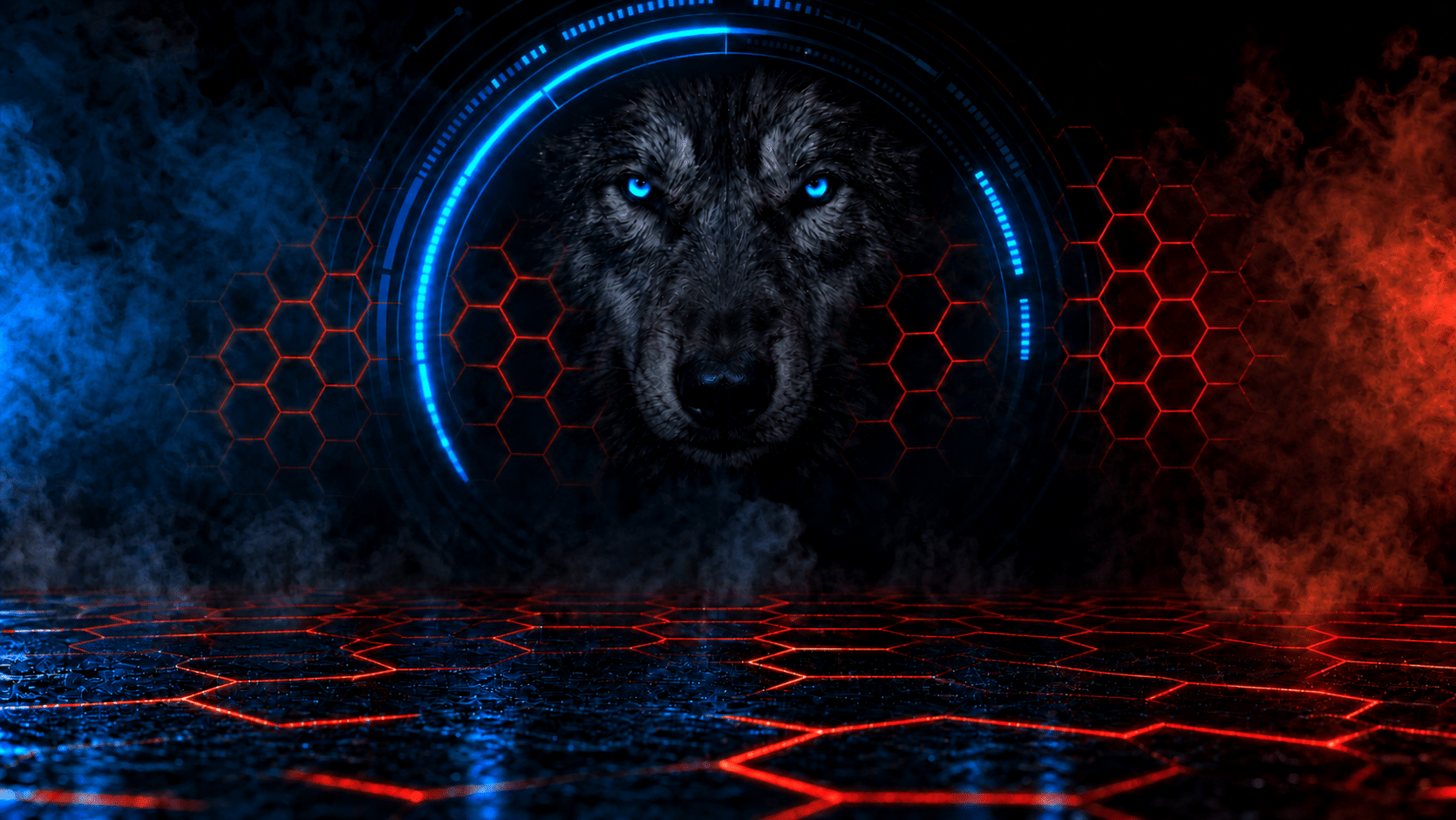 Wolf mit verschiedenen Bolzenschweißelementen vor blau-rotem Hintergrund