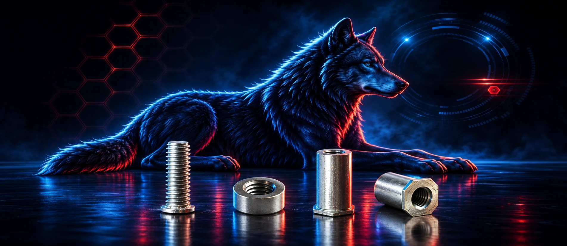 KI-generiertes Motiv mit liegendem Wolf, Einpressbolzen, Einpressmutter und Einpressbuchsen.