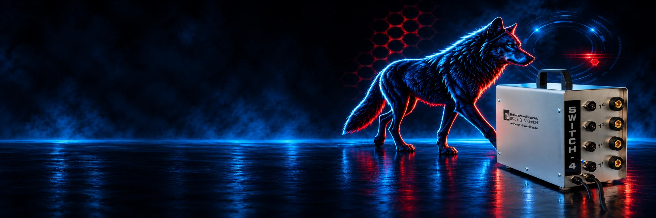 KI-generiertes Header-Motiv mit blau-rot beleuchtetem Wolf und Switch-4 nach Originalfoto.