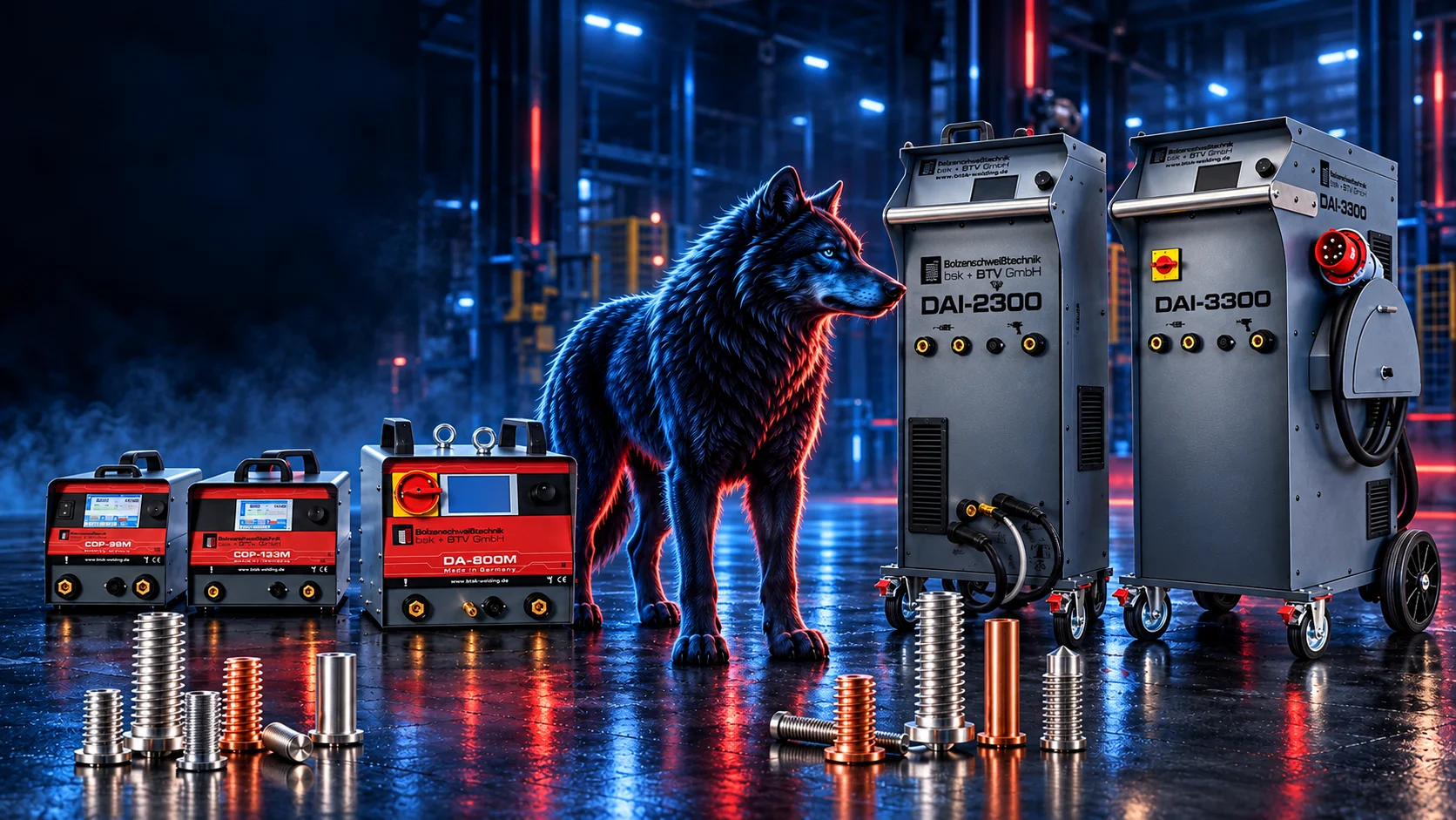 Wolf mit Geräten der CDP-M-, DA- und DAI-Serie und Schweißbolzen im Industrieumfeld – KI-generierte Montage